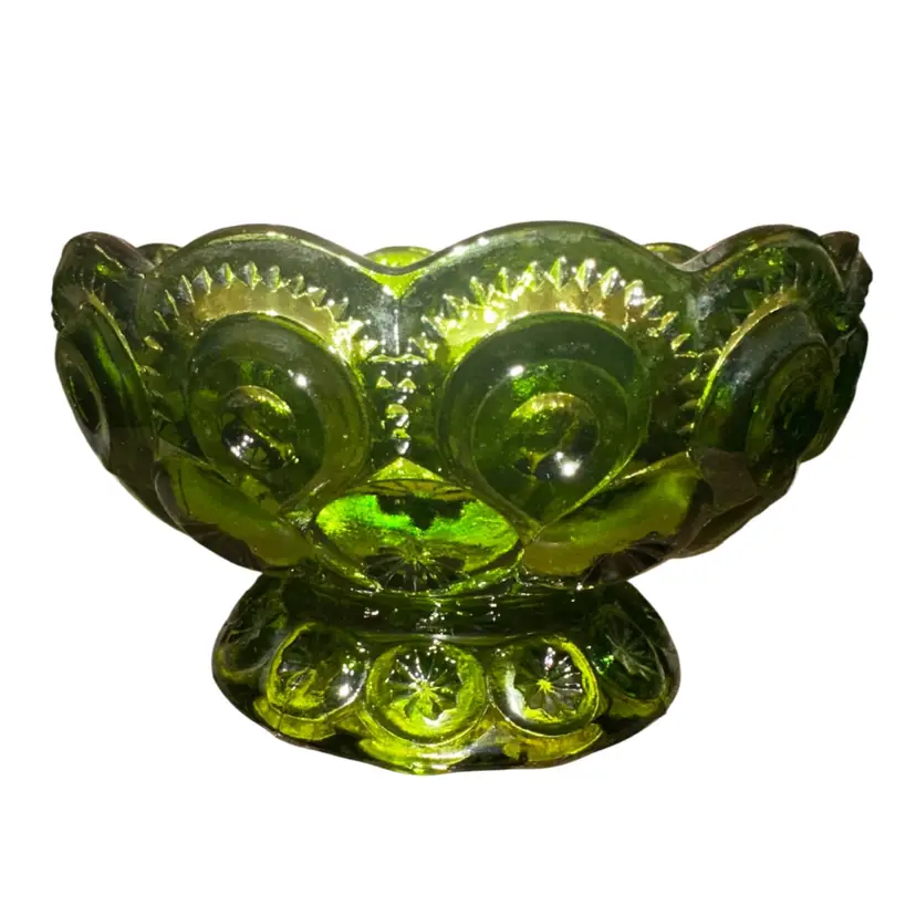 Le Smith Moon & Stars Green Glass Footed Candle Bowl