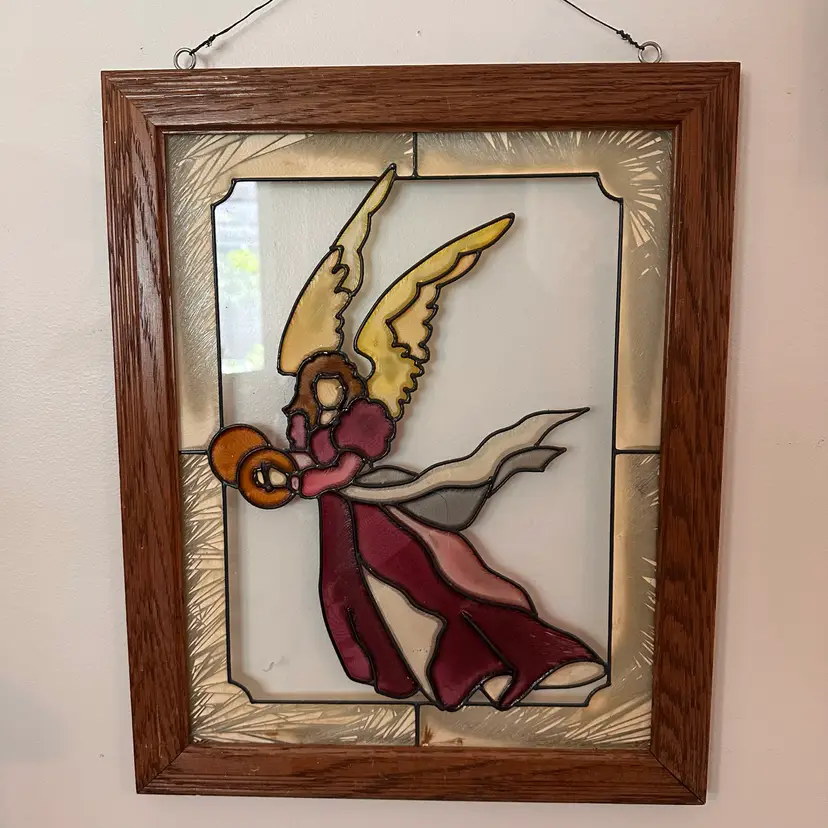 STUNNING Stained Glass Framed Angel In Wooden Frame