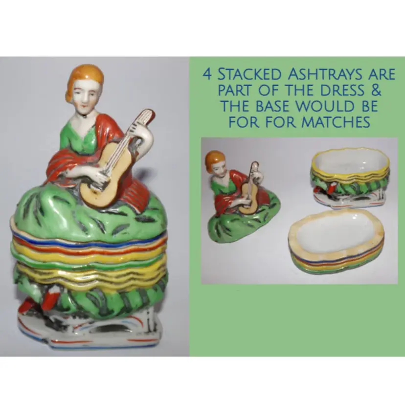 #01 Vintage Porcelain Noritake Woman Playing Guitar, Stacking Figural Smoking Set-Japan, VERY RARE