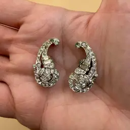 Coro Sterling Signed Art Deco Crystal Rhinestones & Baguettes Paisley Ear Climber Clip Earrings 1”