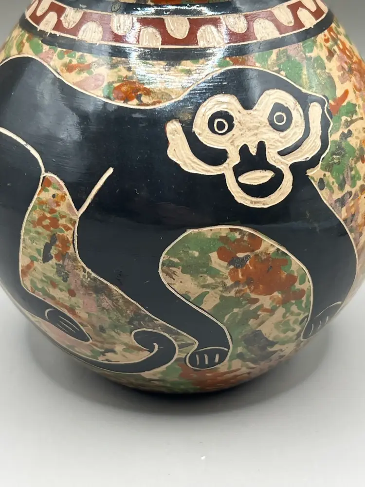 Costa Rican Pottery Vase With Monkey Hand Painted 4.5”