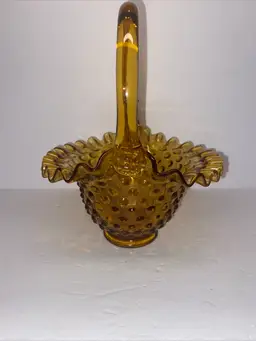 Fenton Glass Amber Hobnail Ruffled Lip Handle Basket