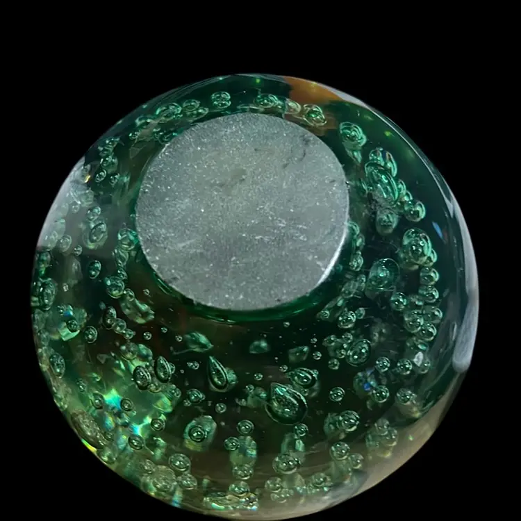 Art Glass Ball Green And Clear Paperweight  Controlled Bubbles