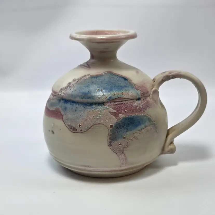 Signed Studio Pottery Hand Thrown Onion Weed Pot Pitcher Blue Drip Glaze