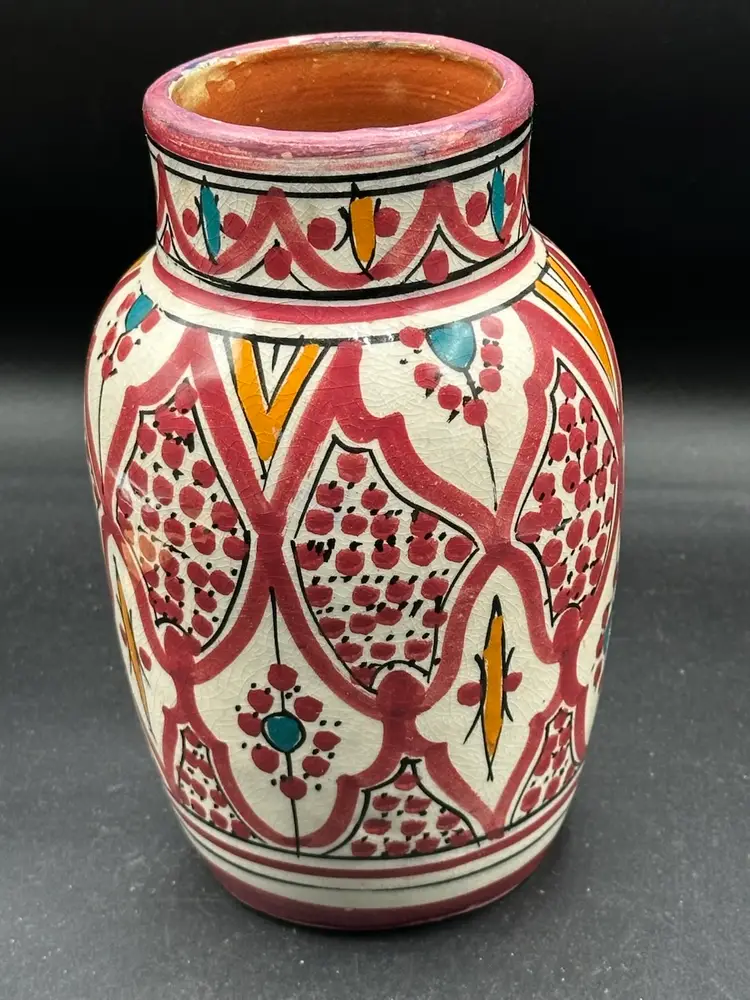 Vtg Safi Art Pottery Vase Hand Painted Art Deco Inspired Made in Morocco