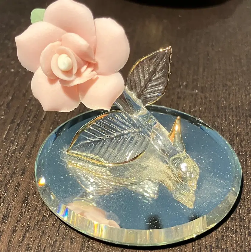Porcelain Pink Flower With Glass Leaves On Mirror Base