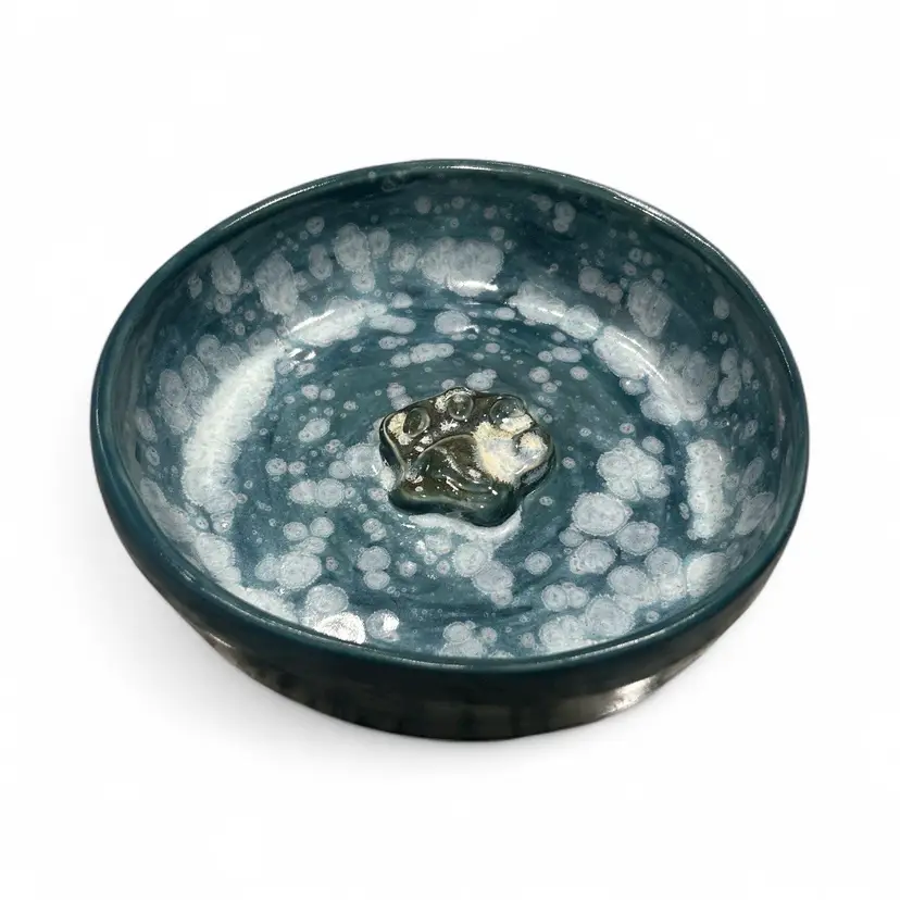Hand Crafted Blue And White Paw Print Dog Water Bowl Pottery