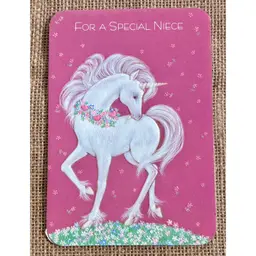 Vintage Hallmark Unicorn Floral Niece Birthday Card Thick Paper Unused Whimsical