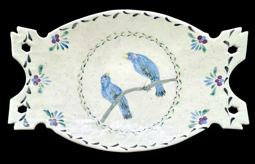 Signed Smith Studio Art Pottery Platter Blue Birds Floral Hand Painted 15.25”