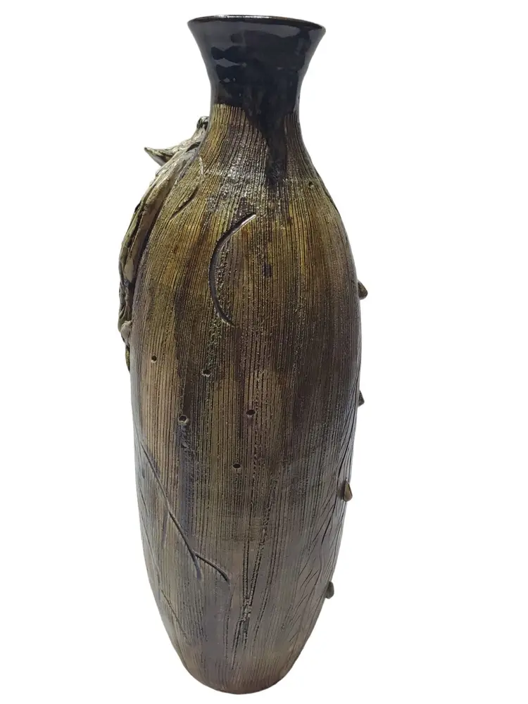 Vintage Handmade Ceramic Vase 16" Art Pottery Decorative Bird Wood Design