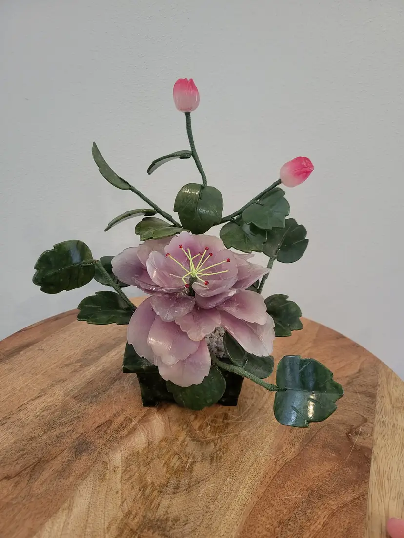 Vintage Japan Carved Stone Jade Flowering  Tree Pink Flowers In Jade Pot