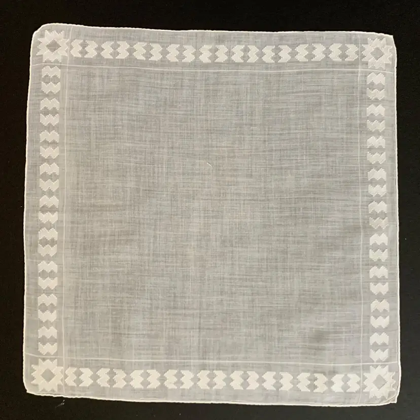 White Cotton Geometric Border Handkerchief Hand Rolled Vintage Cottage Core Granny