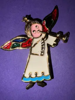 Vintage Signed B.J. Christmas Angel Brooch ~ Gold Tone ~ White Enamel Robe With Blue Trim And Multi-Colored Enameled Wings ~ She’s Playing A Horn