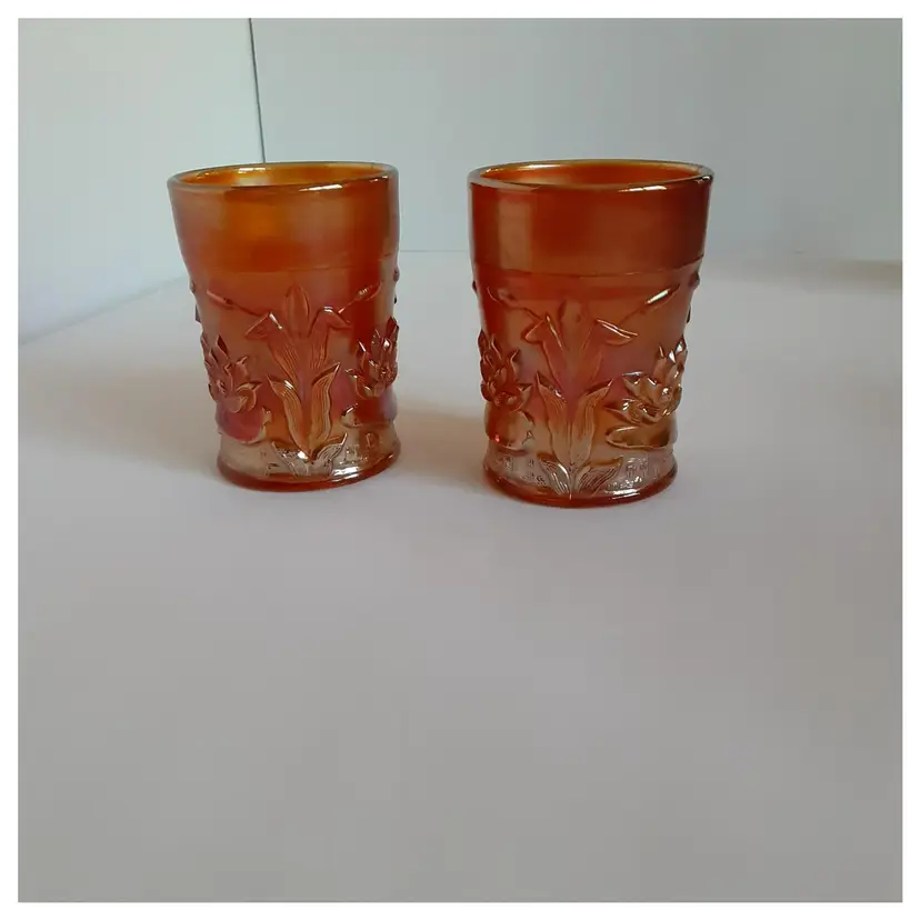 Fenton Marigold Carnival Glass Water Tumblers, Water Lily and Cattail Pattern