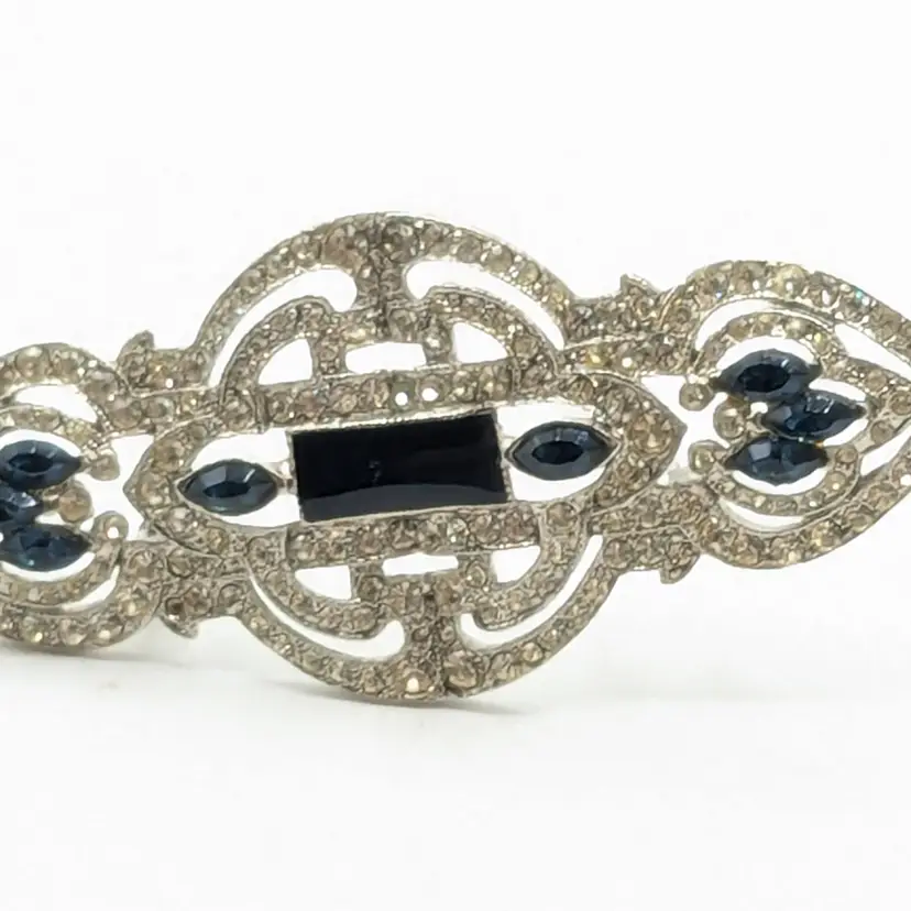 Silver Tone Rhinestones with Blue Accents Brooch Pin Signed
