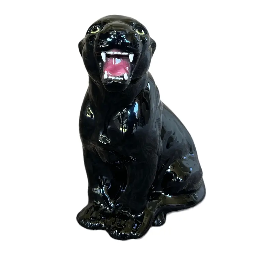 Hand Painted Large 1960s Italian Ceramic Black Panther Figurine