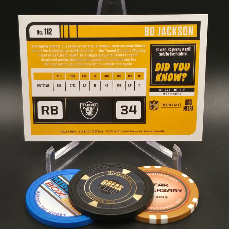 Bo Jackson 2021 Panini Classics Football Timeless Tributes Gold Parallel Numbered 21/99 Card #112 - Los Angeles Raiders Las Vegas Raiders