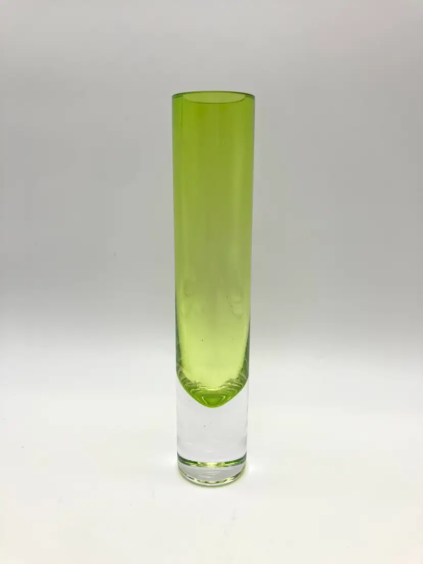 BIN - Stylish Green Cylinder Vase With Heavy Bottom, Possibly Scandinavian 8”