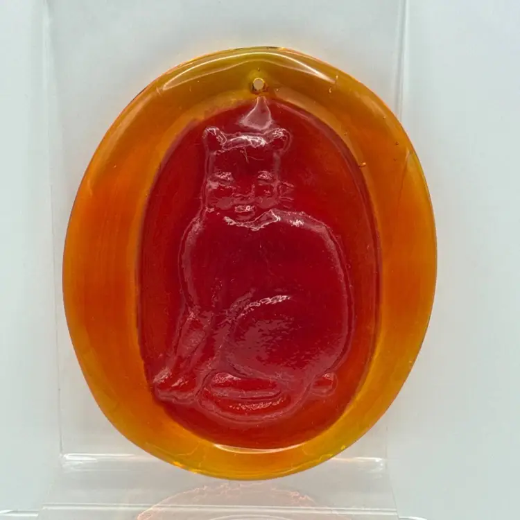 Vintage Cat Pressed Art Glass Suncatcher Medallion Ornament Orange Yellow Amberina 4"