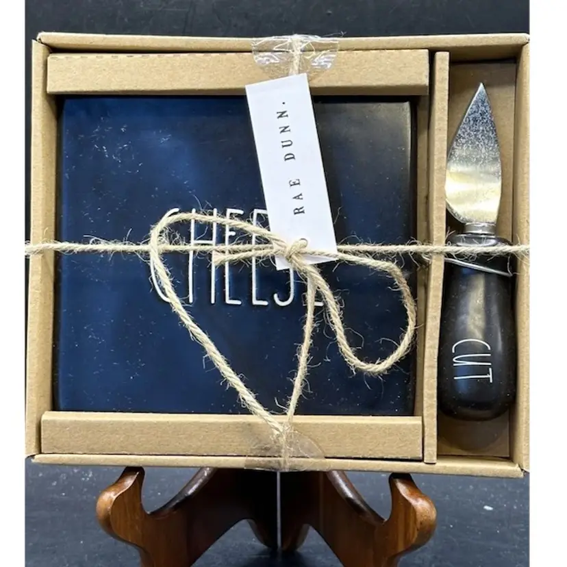 New In Box Rae Dunn "CHEESE" Board "CUT" Knife Set Ceramic Black Farmhouse Gift