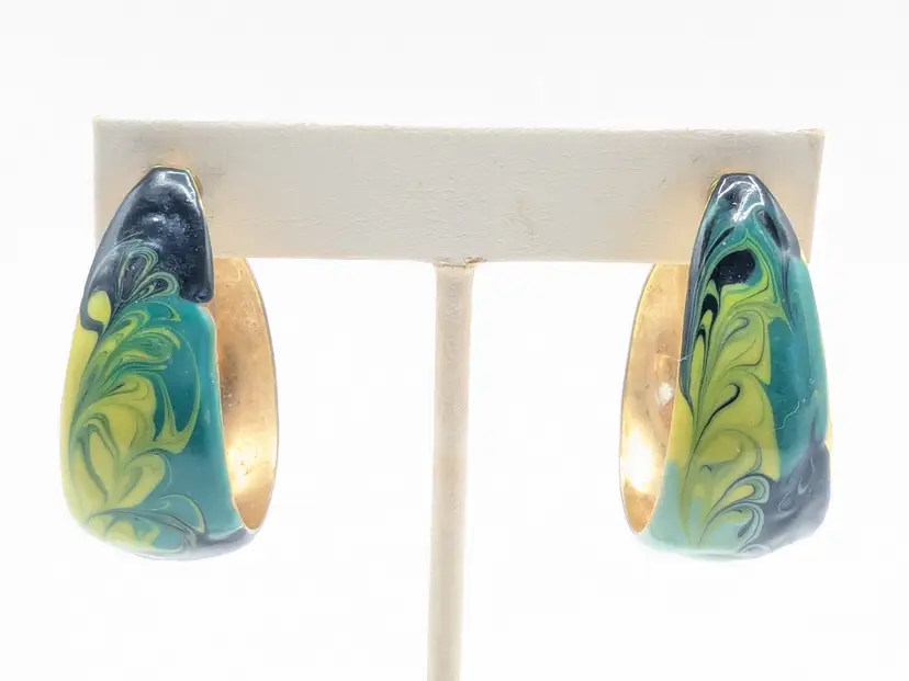 Gold Tone Green Enamel Sirl Hoop Pierced Earrings