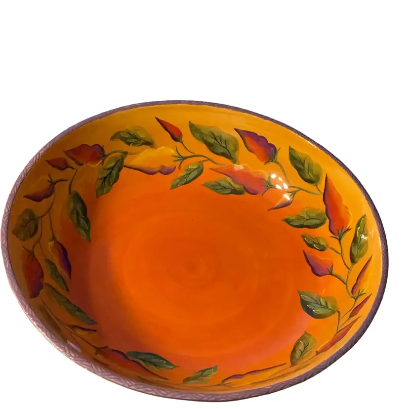 Huge Pasta Or Fruit Bowl CLAY ART Chili Fiesta HAND PAINTED StoneLite T M © 2003 CLAY ART MADE IN CHINA MICROWAVE AND DISHWASHER SAFE
NOT OVEN SAFE