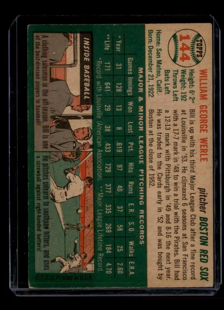 1954 Topps #144 Bill Werle - (pk-tl1) - Boston Red Sox