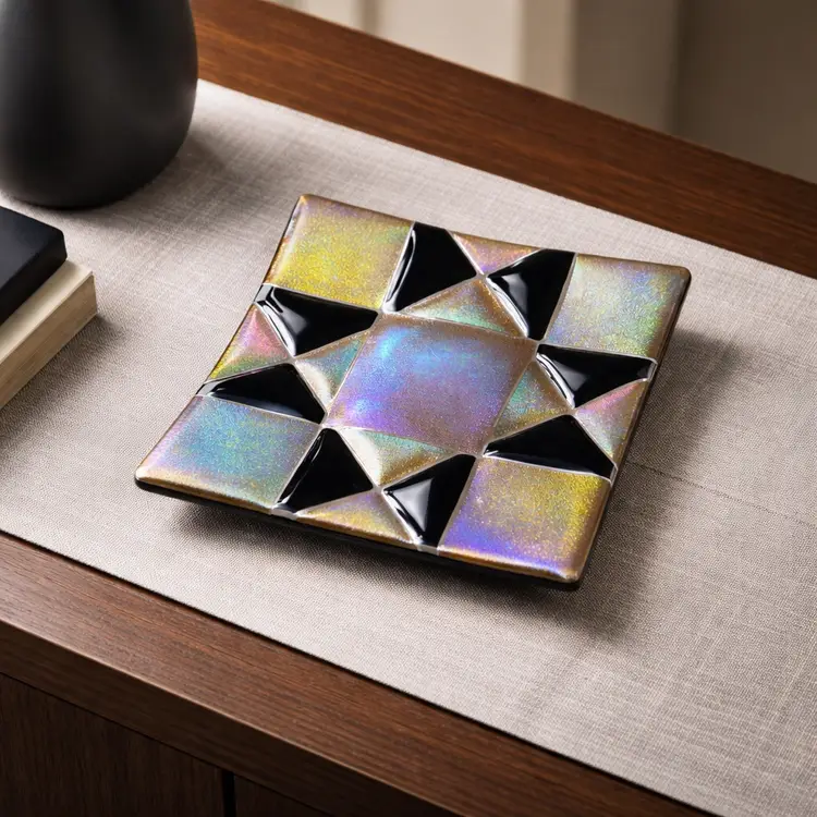 Irridescent Fused Art Glass Decorative Dish with Geometric Design, 7" x 7"