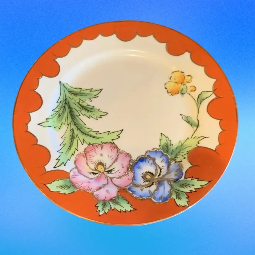 Hinode Japan Hand Painted Porcelain Plate Flowers Raised Gold Trim 7.25”