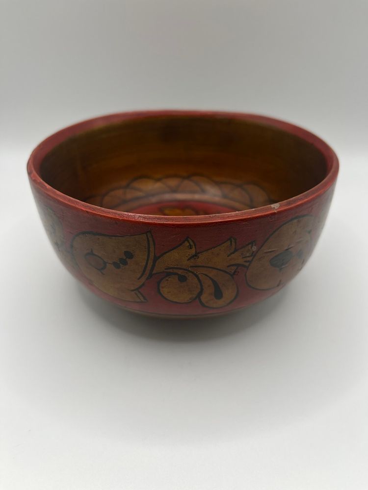 Hand Painted Wood Folk Art Bowl Russia Red Gold