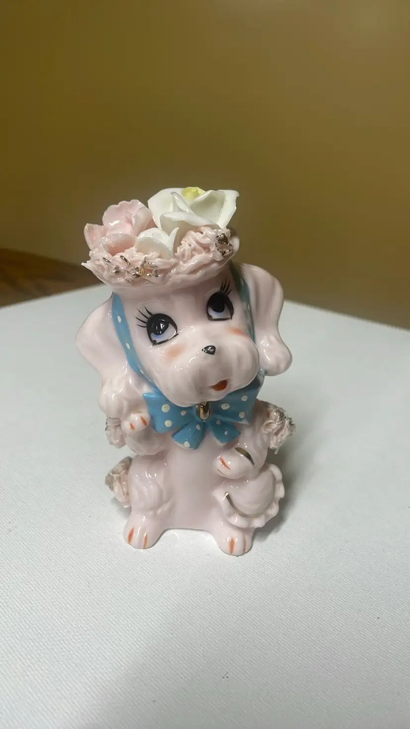 Vintage SPAGHETTI POODLE FIGURINE - Pink, White & Gold Porcelain Spaghetti Poodle Mom with hat and purse