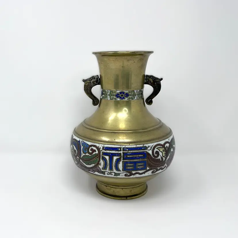 Vintage Japanese Brass Vase Urn, Enamel Floral Design, Fish Handles, Marked (0144-24)