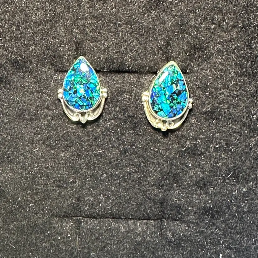 Southwestern Sterling 925 Tear Drop Aurora Blue Fire Opal Earrings Pierced