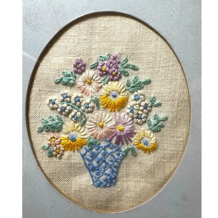 Vintage Handmade Framed Embroidery Flower Bouquet in Vase- 5.75” X 4.75”