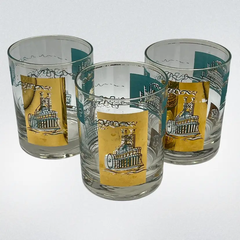 3 Mid Century Gold Teal Riverboat Southern Comfort Old Fashioned Lowball Glasses