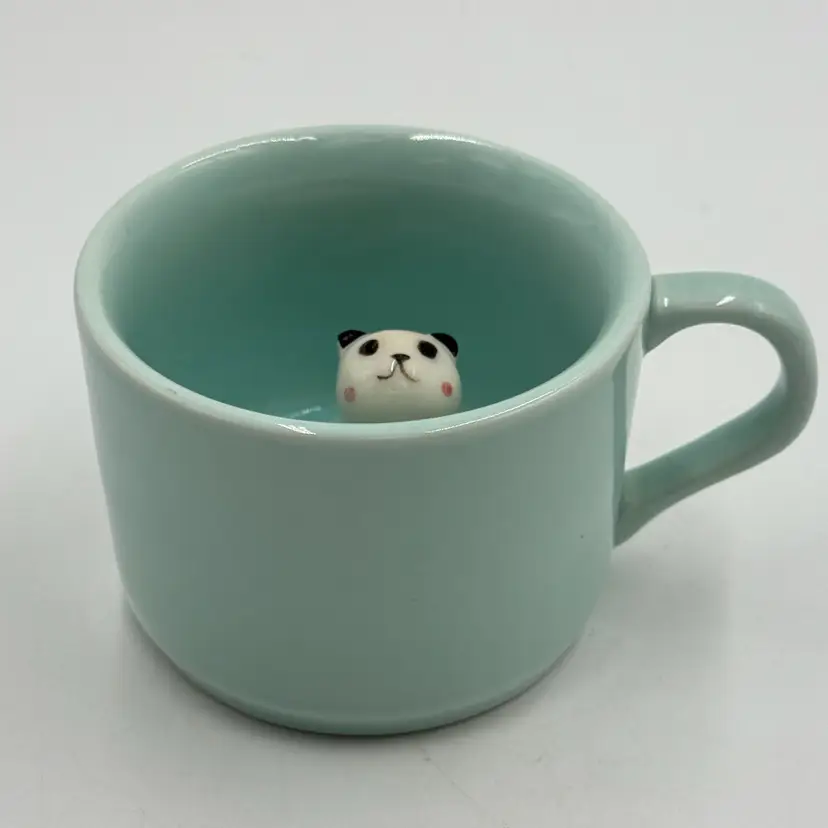 ZaH 3D Ceramic Mint Green Coffee Mug With Hidden Blushing Panda Figurine
