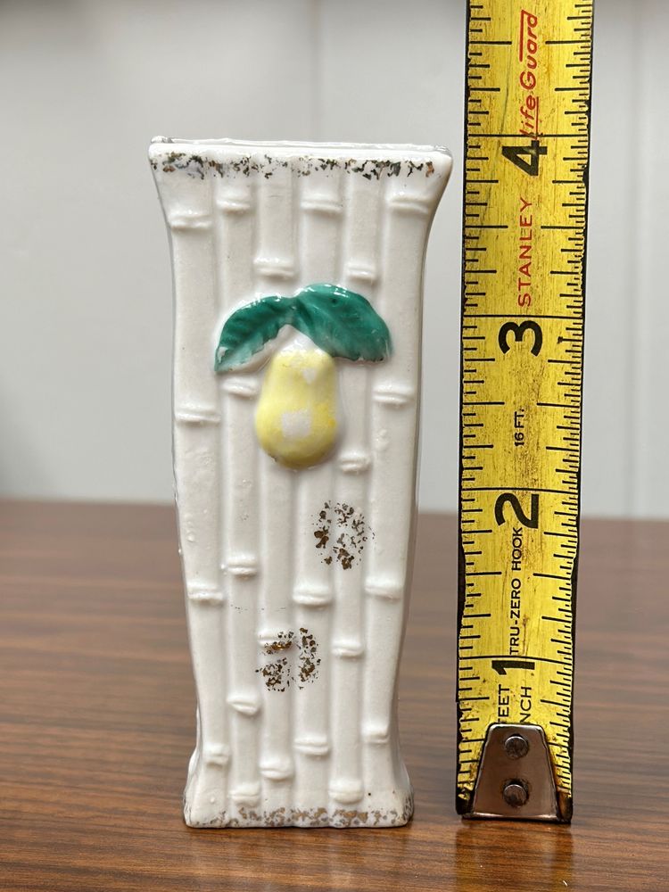 Vintage Porcelain Miniature Vase Bamboo Pear Fruit Motif 4" Tall
