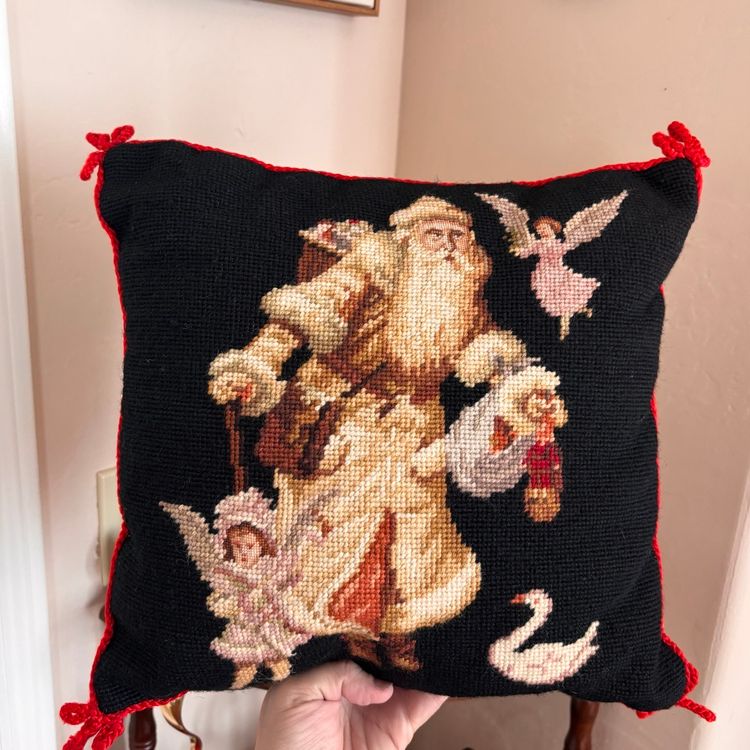 Vintage Imperial Excellence ’91 Santa Angel Swan Needlepoint Christmas Pillow