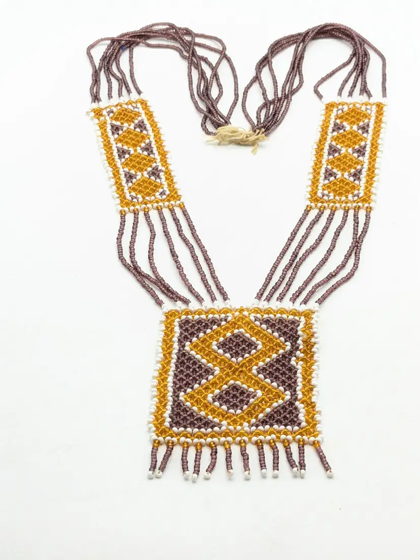 Loom Beaded Necklace Bib Square with Fringe Boho