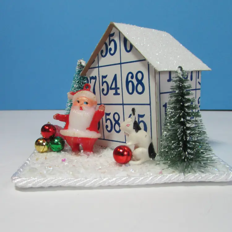 vintage crafted Bingo card house with Santa Christmas winter scene