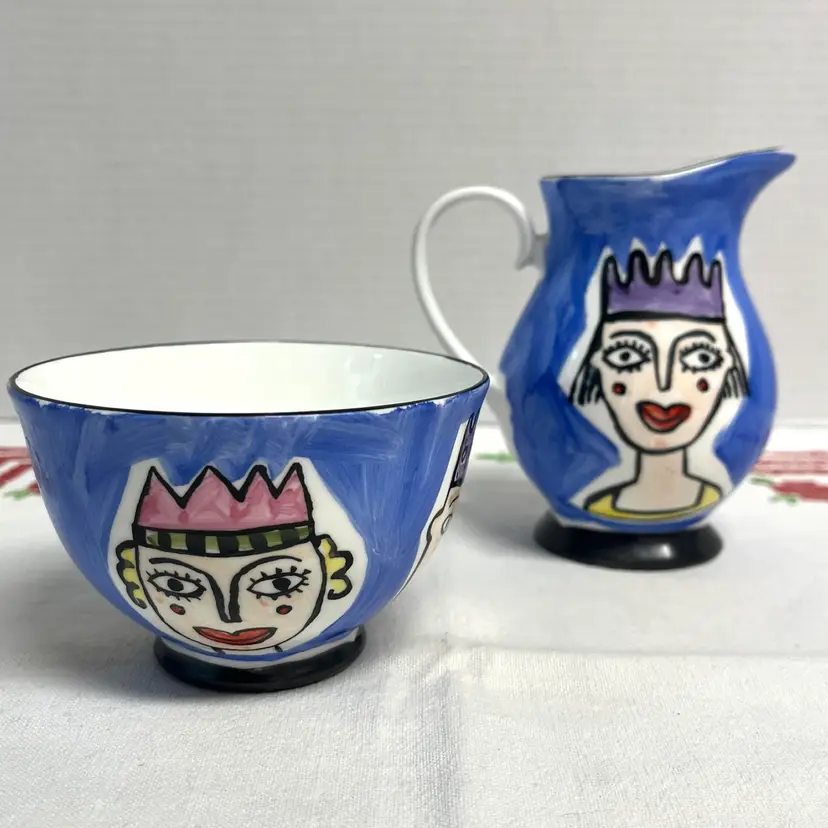 Mac Products Fine Bone China England Hand Painted Whimsical Cream & Open Sugar Set