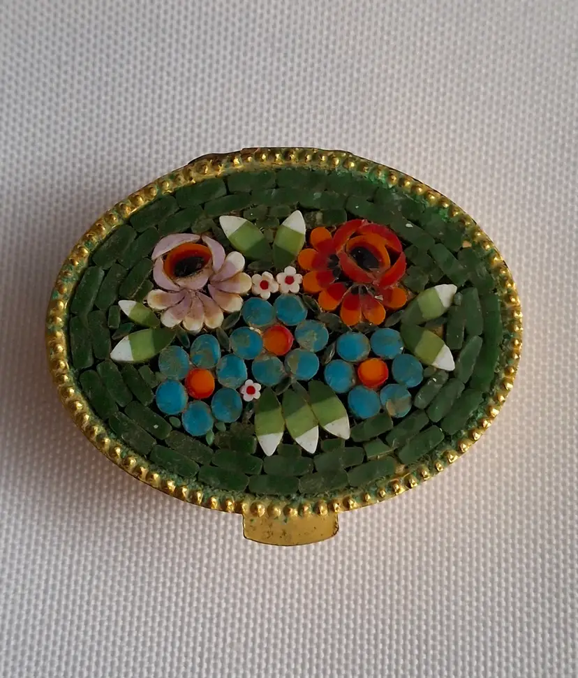 604 Vintage Italian Micro Mosaic Compact or Pill Box – Floral Basket Design