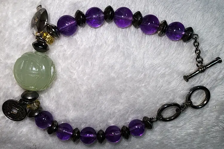 Carole Meltzer Spirit & Style Jade Feng Shui + Purple Beads 8" Sterling Bracelet