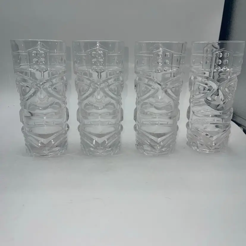 Vintage Forum Tiki Glasses Four Cocktail Hawaiian Double Sided Clear Tumblers