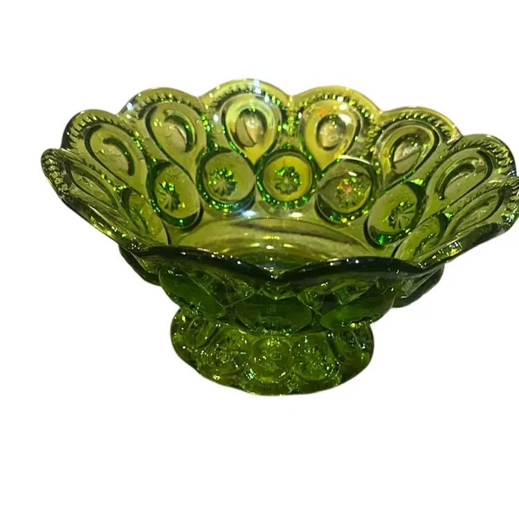 LE Smith Compote Moon & Stars Green Pedestal Bowl
3.75" ×7.5" 1960'