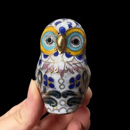 Cloisonné Owl Figurine, Colorful Cloisonné Owl Miniature, Enameled Owl With Floral Motifs