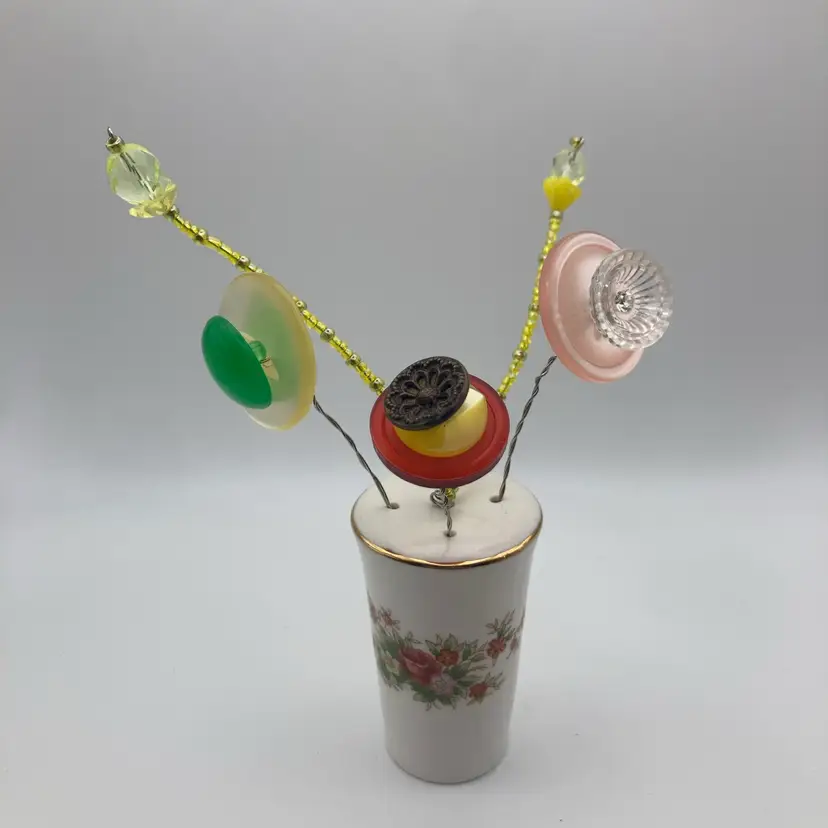 Buttons Bouquet! Handmade By Me! Vintage Buttons! 5” Tall! Beautiful Floral Shaker With Gold Trim!
