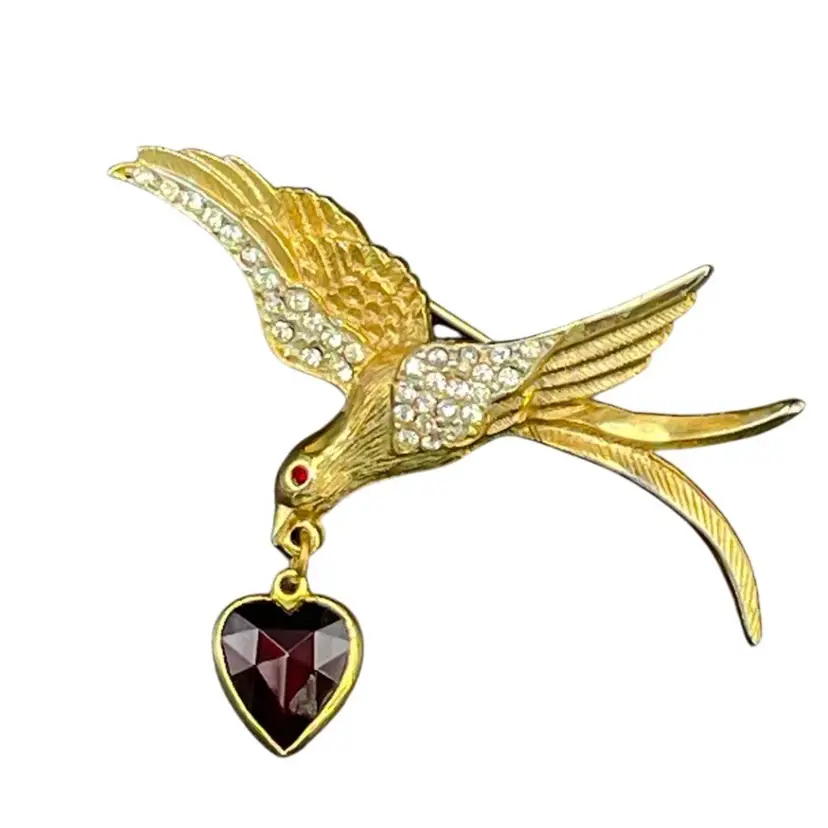 Kramer Brooch Gold Toned Love Bird in Flight Red Heart Charm Clear Rhinestones Vintage Valentine's Day