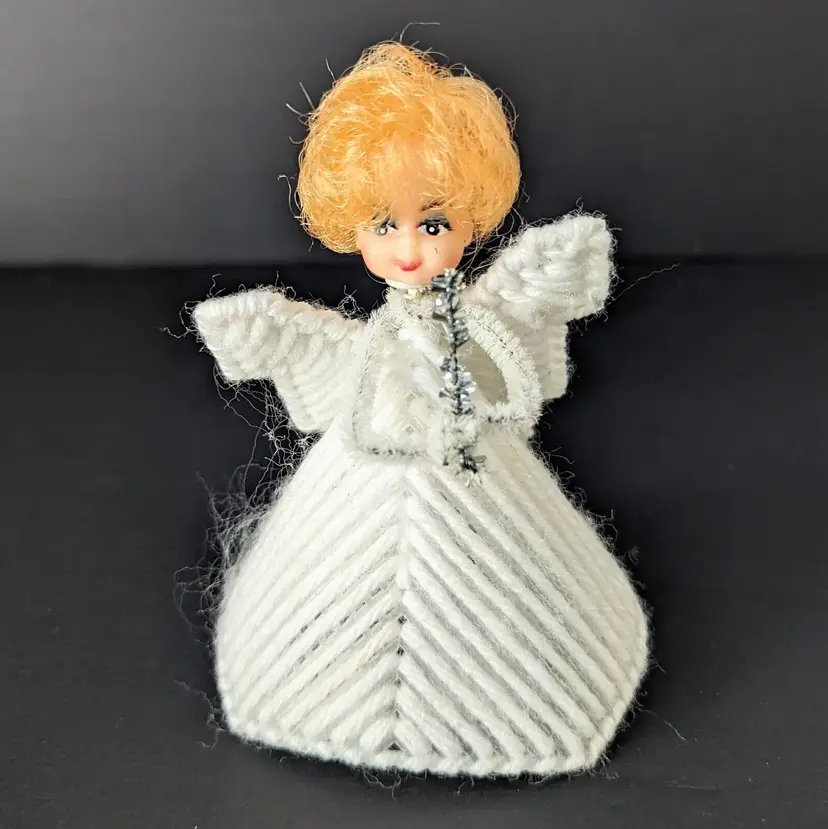 VTG Kitschy Christmas Plastic Canvas Angel Mini Tree Topper Ornament 4.5" High