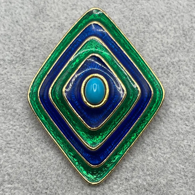 Signed Florenza Blue And Green Enamel Faux Turquoise Cabochon Diamond Shape Brooch Pin Faux